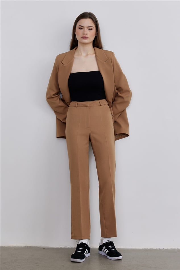 Camel Flare Cut Fabric Trousers