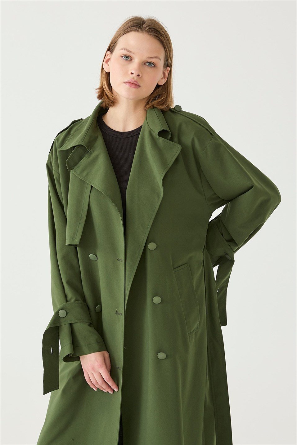 Green Sleeve Adjustable Cotton Trench Coat