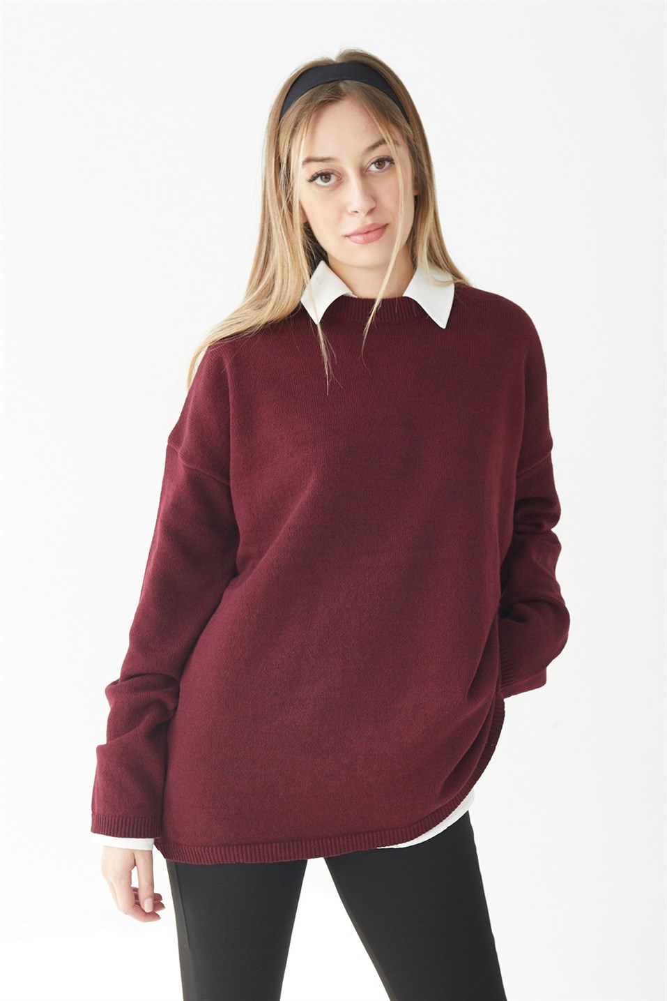 Burgundy  Basic Crew Neck Knitwear Sweater
