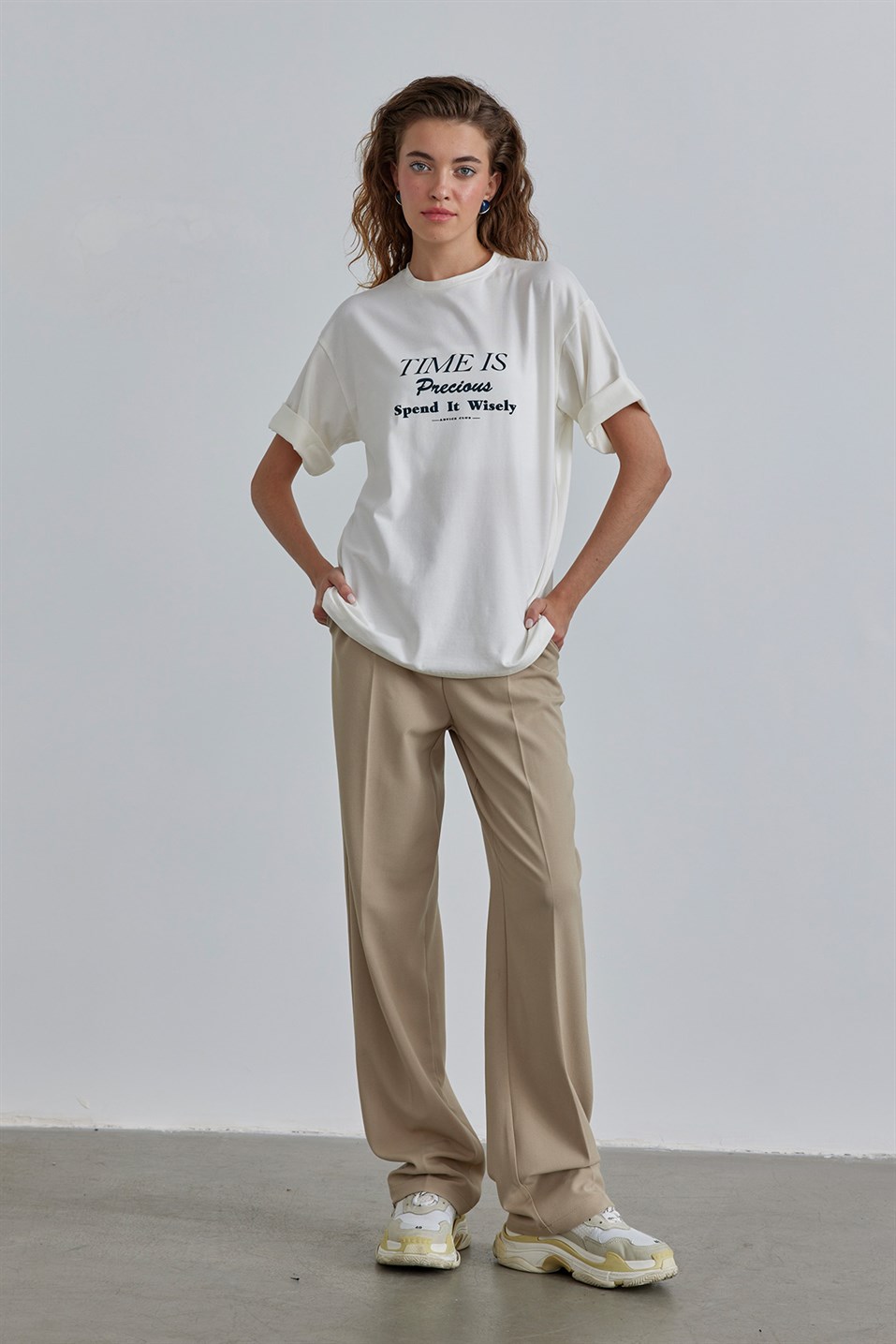 Beige Single Pleated Soft Textured Trousers