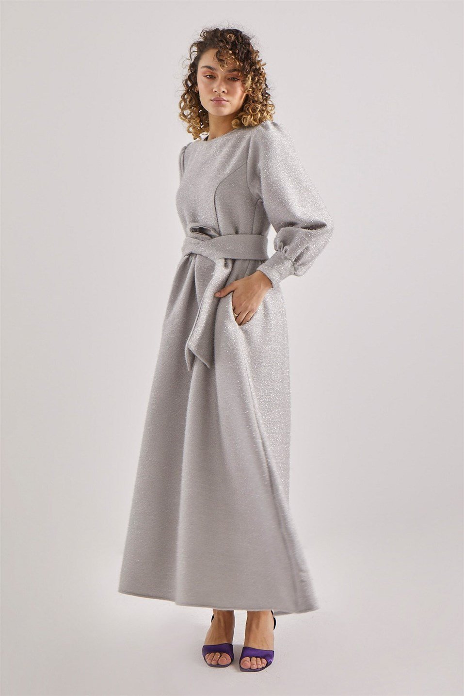 Grey Waist Fitted Shiny Dress
