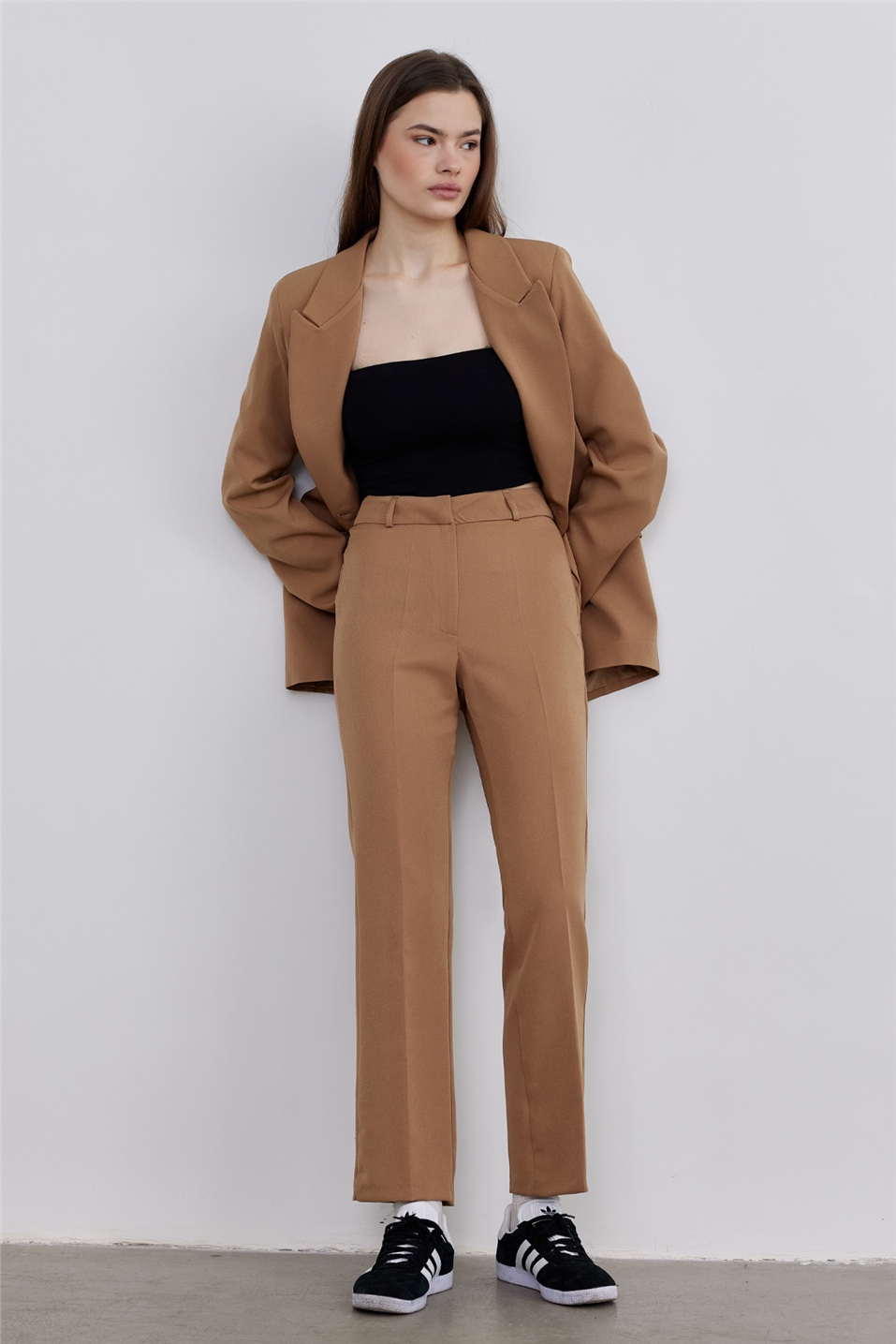 Camel Flare Cut Fabric Trousers