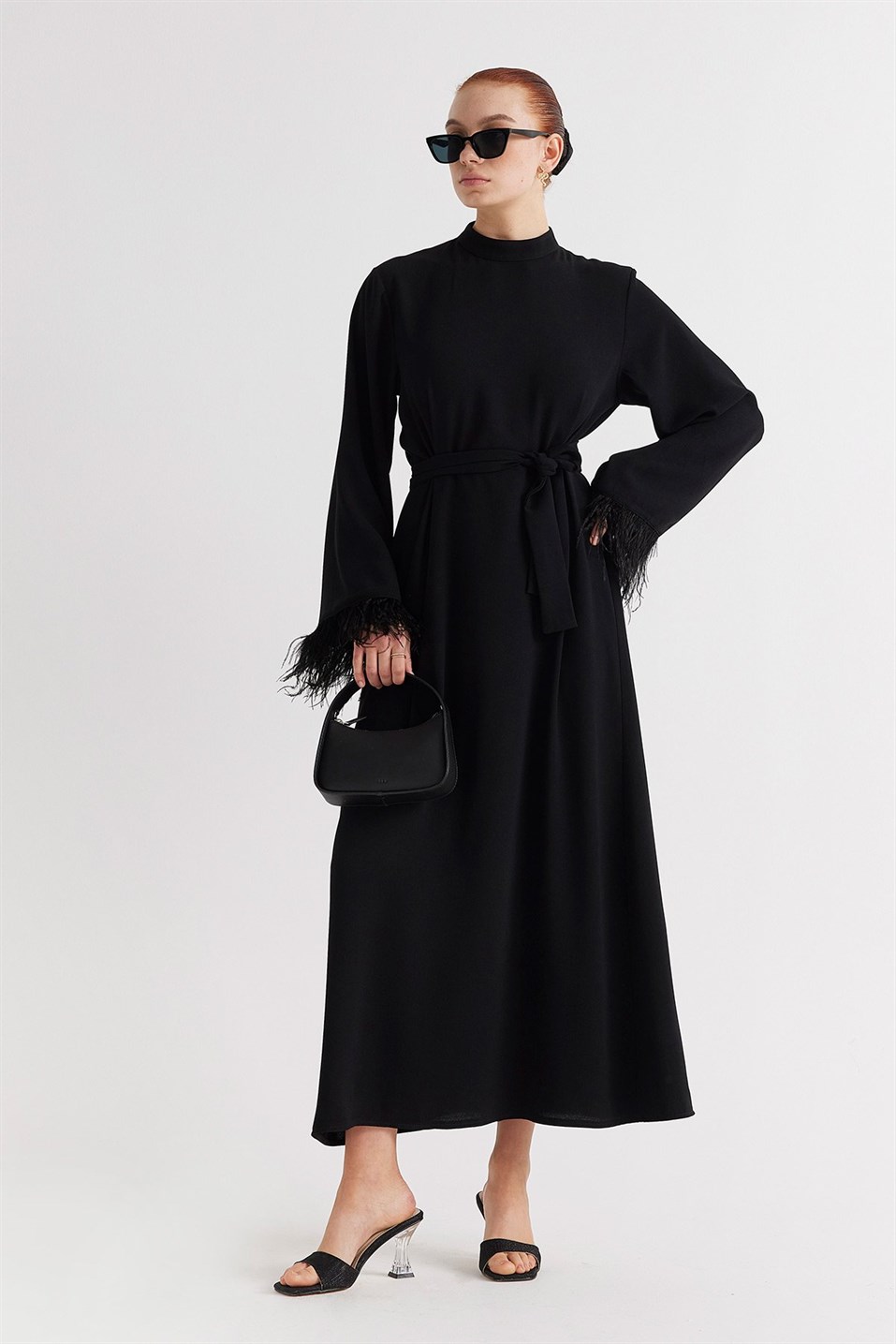 Black Feathered Sleeved Evening Dress 