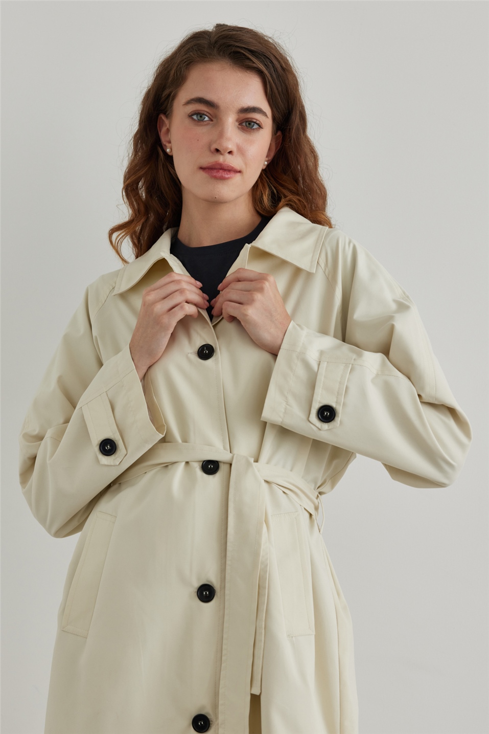 Cream Cotton-Blend Trench Coat with Belt