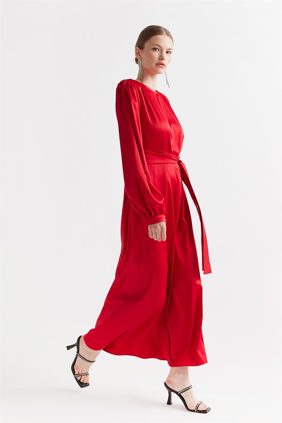 Red Shirred Shoulder Satin Evening Dress