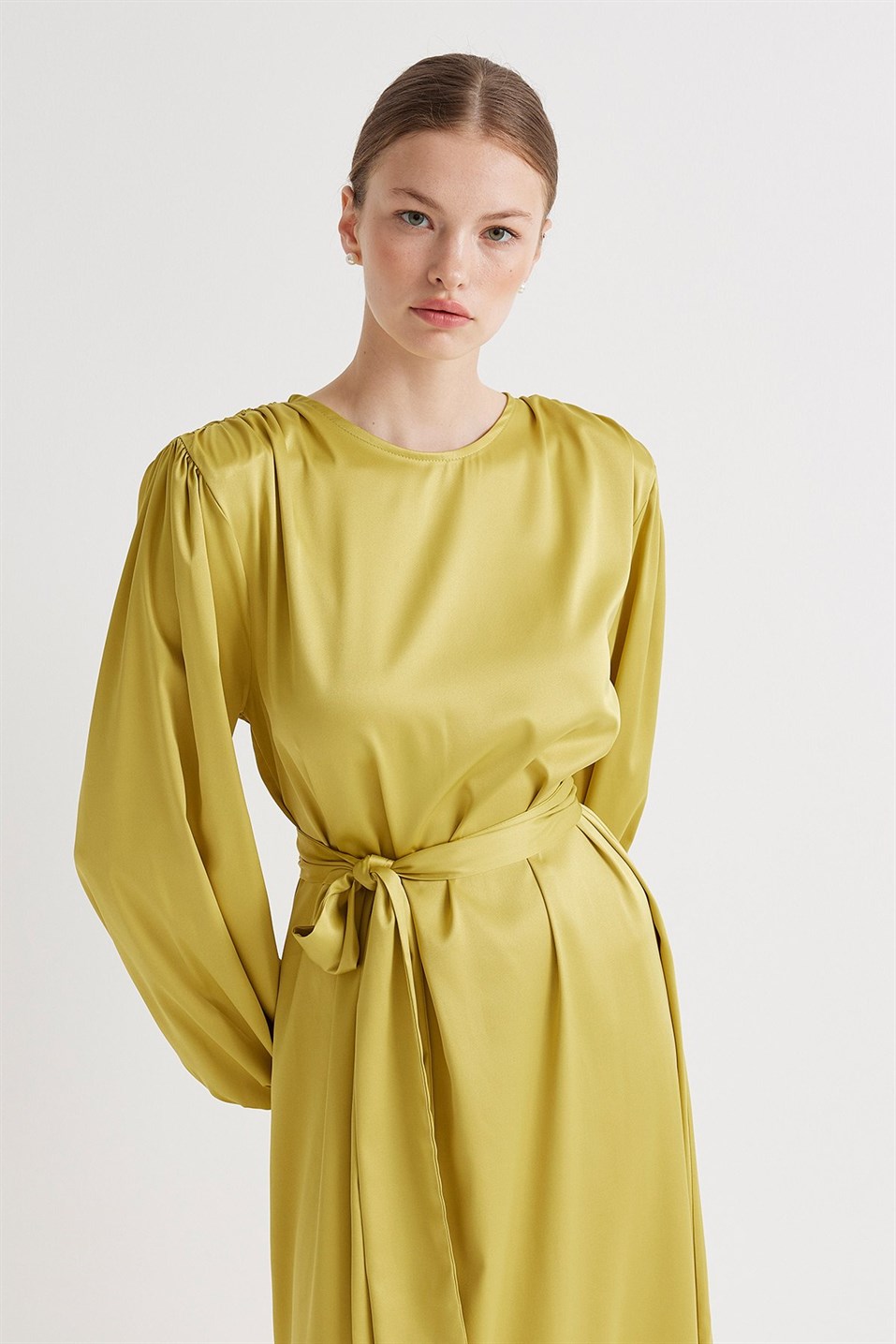 Green Shirred Shoulder Satin Evening Dress