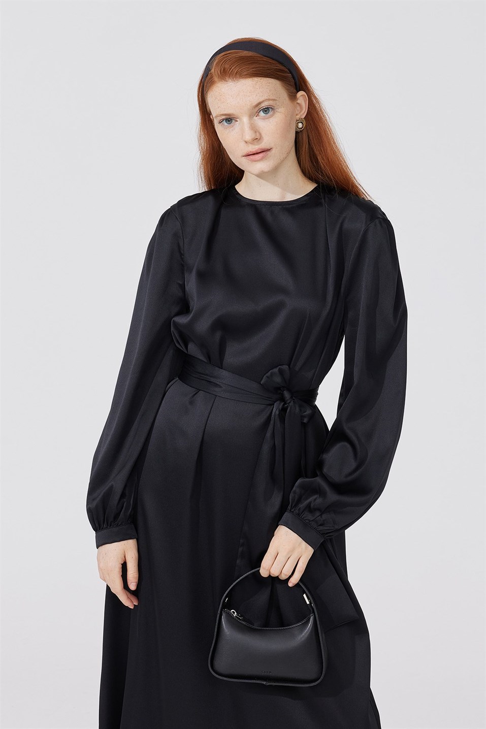 Black Shirred Shoulder Satin Evening Dress