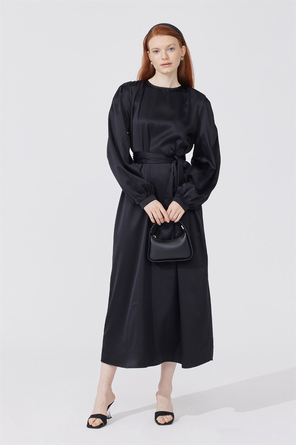 Black Shirred Shoulder Satin Evening Dress