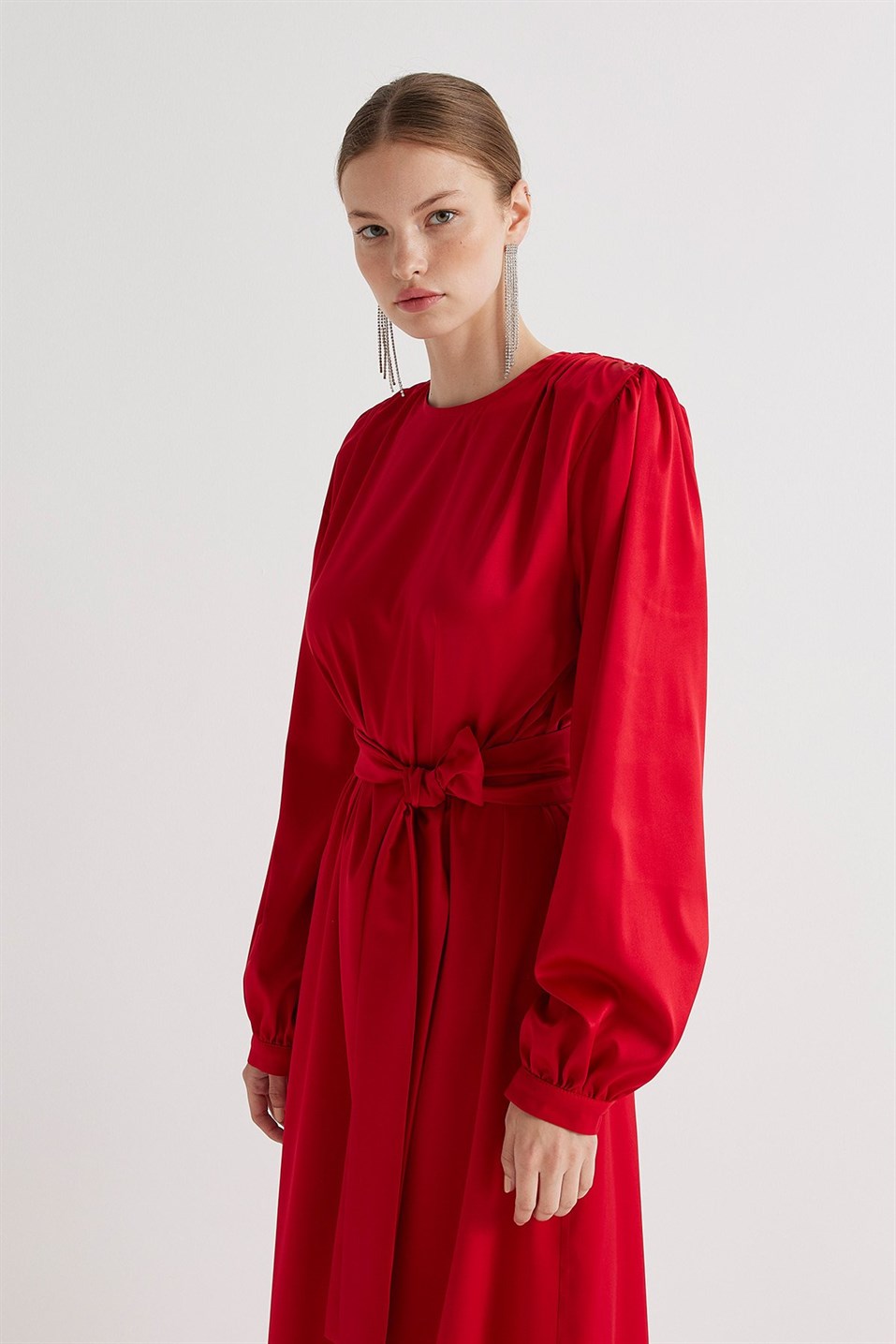 Red Shirred Shoulder Satin Evening Dress