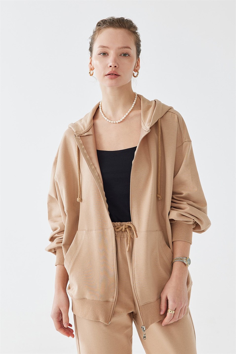 Camel Hooded Cotton Cardigan