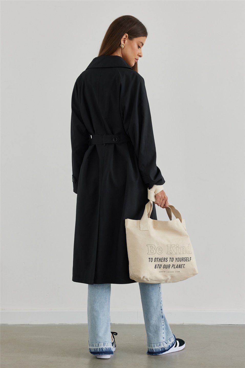 Black Cotton-Blend Trench Coat with Belt