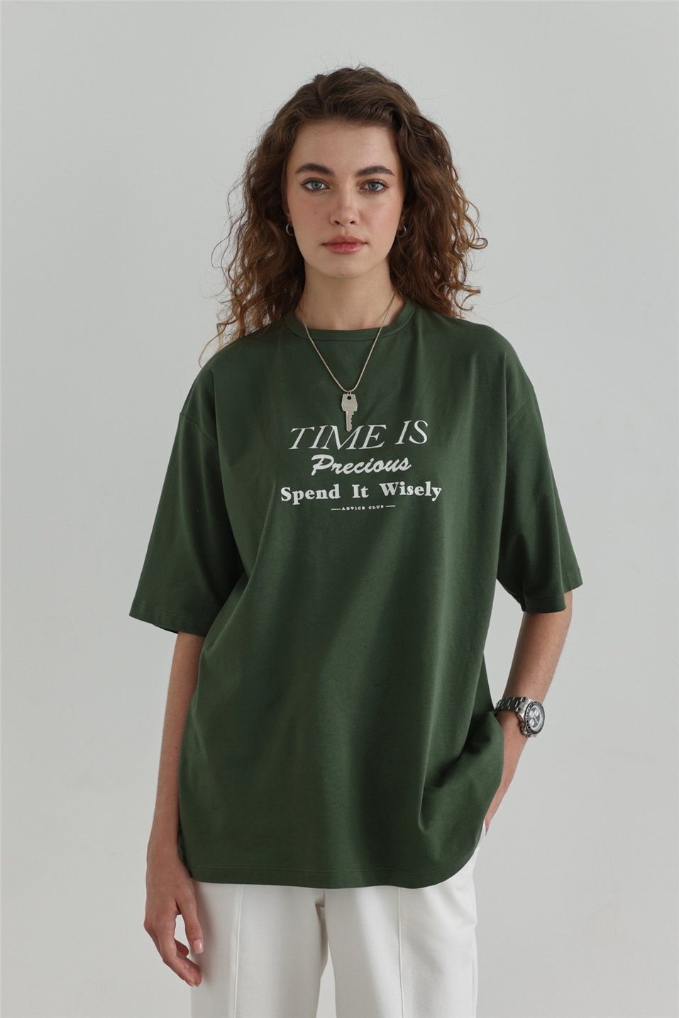 Green Time Is Printed Short Sleeve T -Shirt